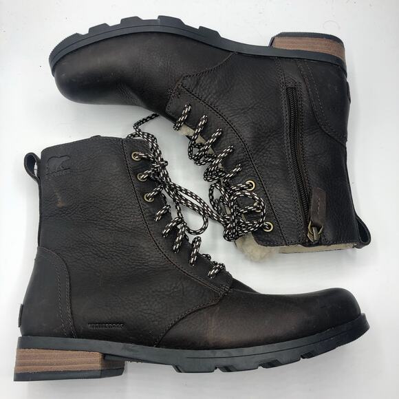 Sorel Emelie Shearling Short Lace-Up Leather Boots Blacken Brown EU 40/US 9 - Picture 4 of 6